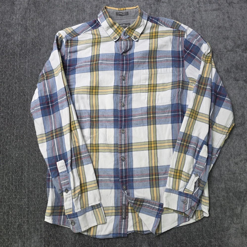 Eddie Bauer Plaid Flannel Shirt Mens Small Blue Red Brown Outdoor Work Soft S